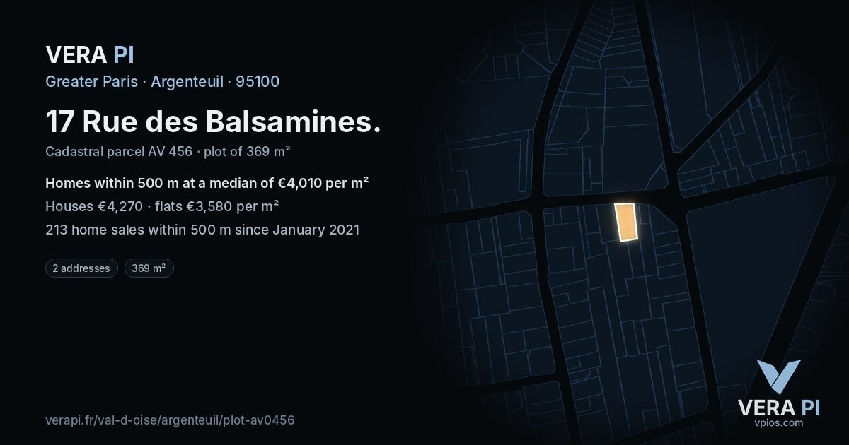 17 Rue des Balsamines, Argenteuil at night – the plot lit, the parcels around coloured by the prices near them