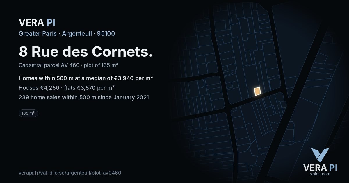 8 Rue des Cornets, Argenteuil at night – the plot lit, the parcels around coloured by the prices near them
