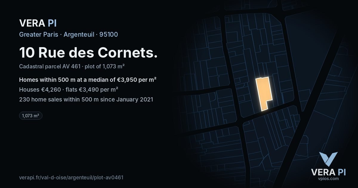 10 Rue des Cornets, Argenteuil at night – the plot lit, the parcels around coloured by the prices near them