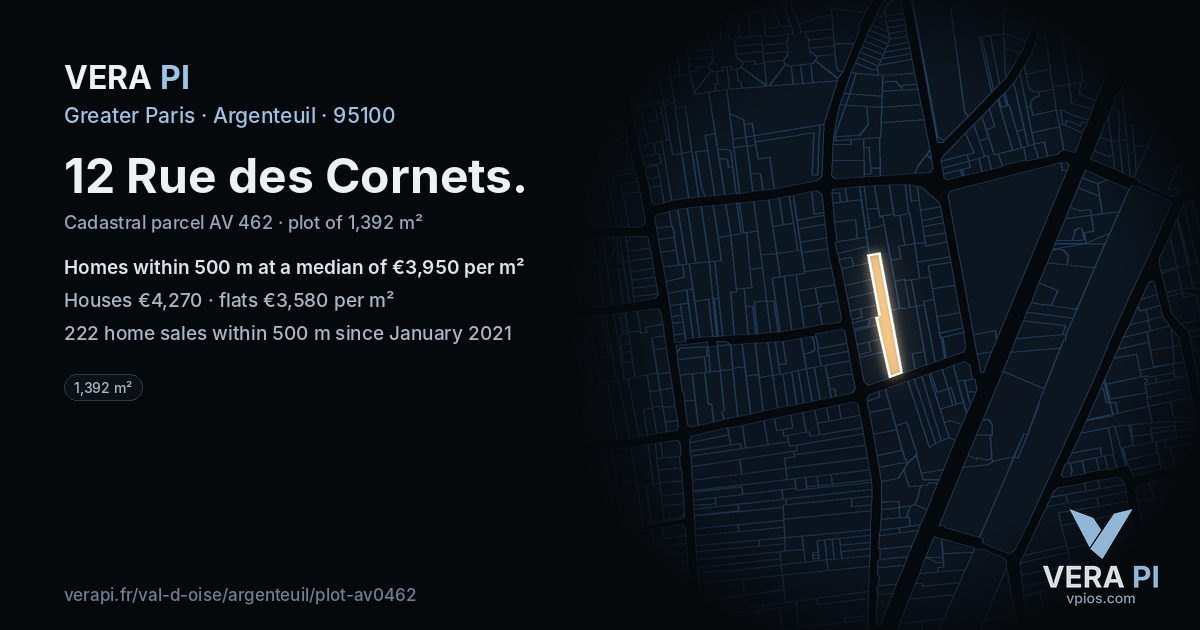 12 Rue des Cornets, Argenteuil at night – the plot lit, the parcels around coloured by the prices near them