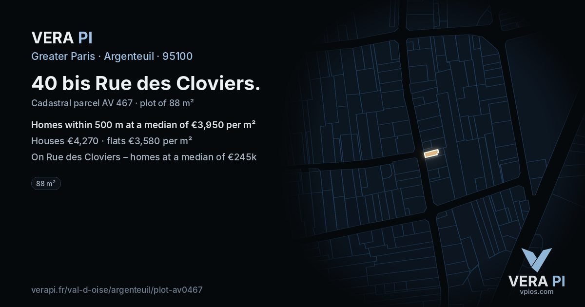 40 bis Rue des Cloviers, Argenteuil at night – the plot lit, the parcels around coloured by the prices near them