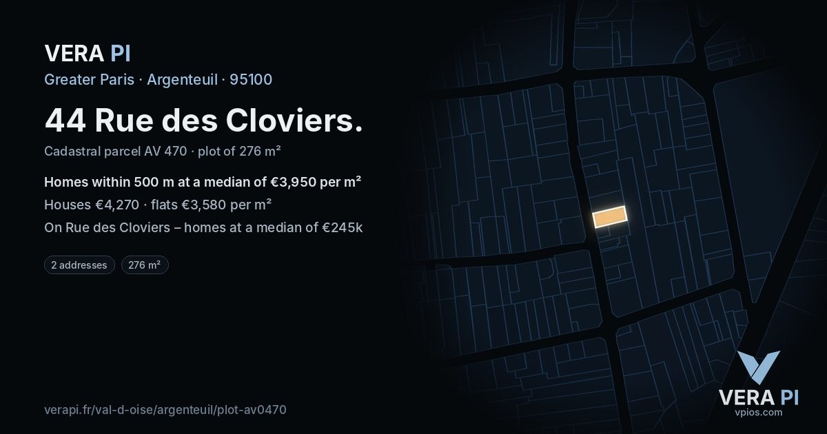 44 Rue des Cloviers, Argenteuil at night – the plot lit, the parcels around coloured by the prices near them