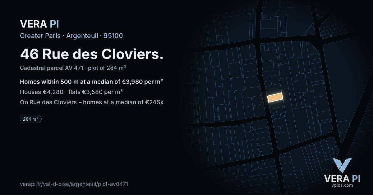 46 Rue des Cloviers, Argenteuil at night – the plot lit, the parcels around coloured by the prices near them