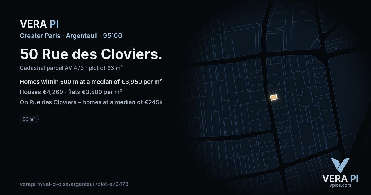 50 Rue des Cloviers, Argenteuil at night – the plot lit, the parcels around coloured by the prices near them