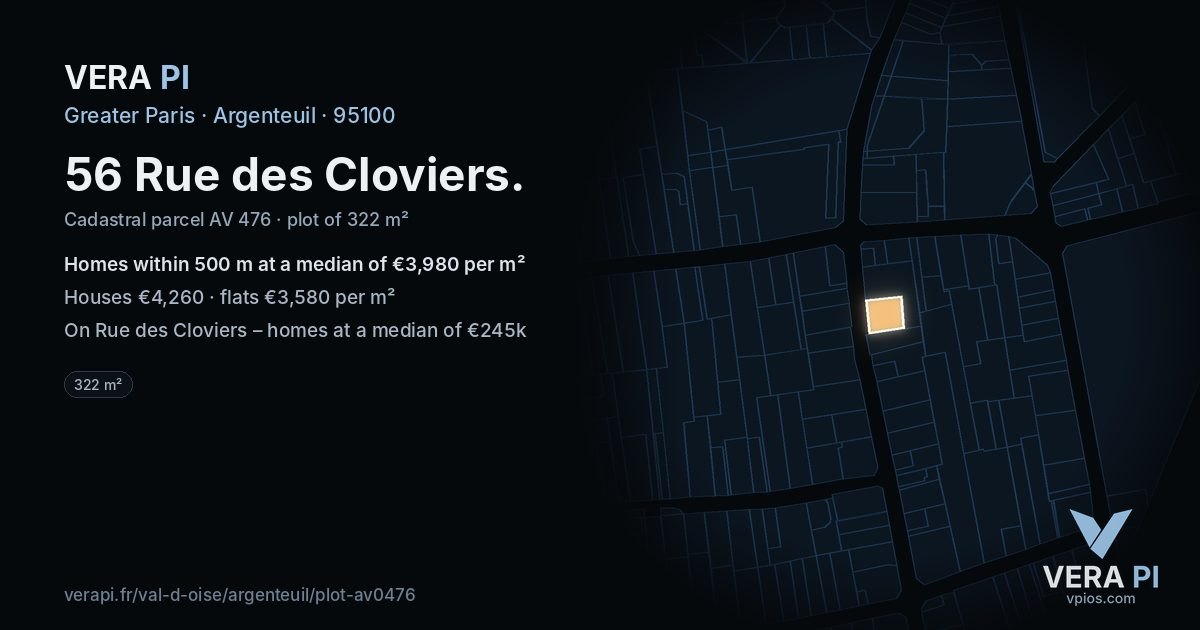 56 Rue des Cloviers, Argenteuil at night – the plot lit, the parcels around coloured by the prices near them