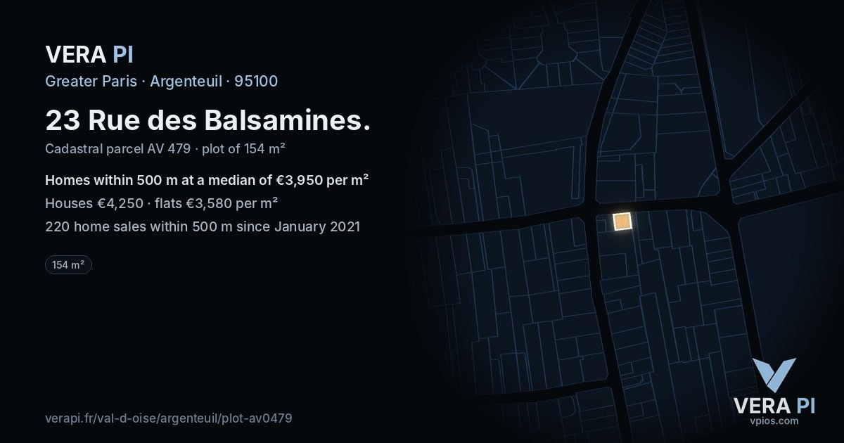 23 Rue des Balsamines, Argenteuil at night – the plot lit, the parcels around coloured by the prices near them