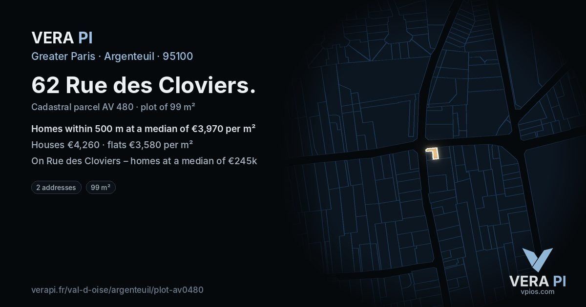 62 Rue des Cloviers, Argenteuil at night – the plot lit, the parcels around coloured by the prices near them