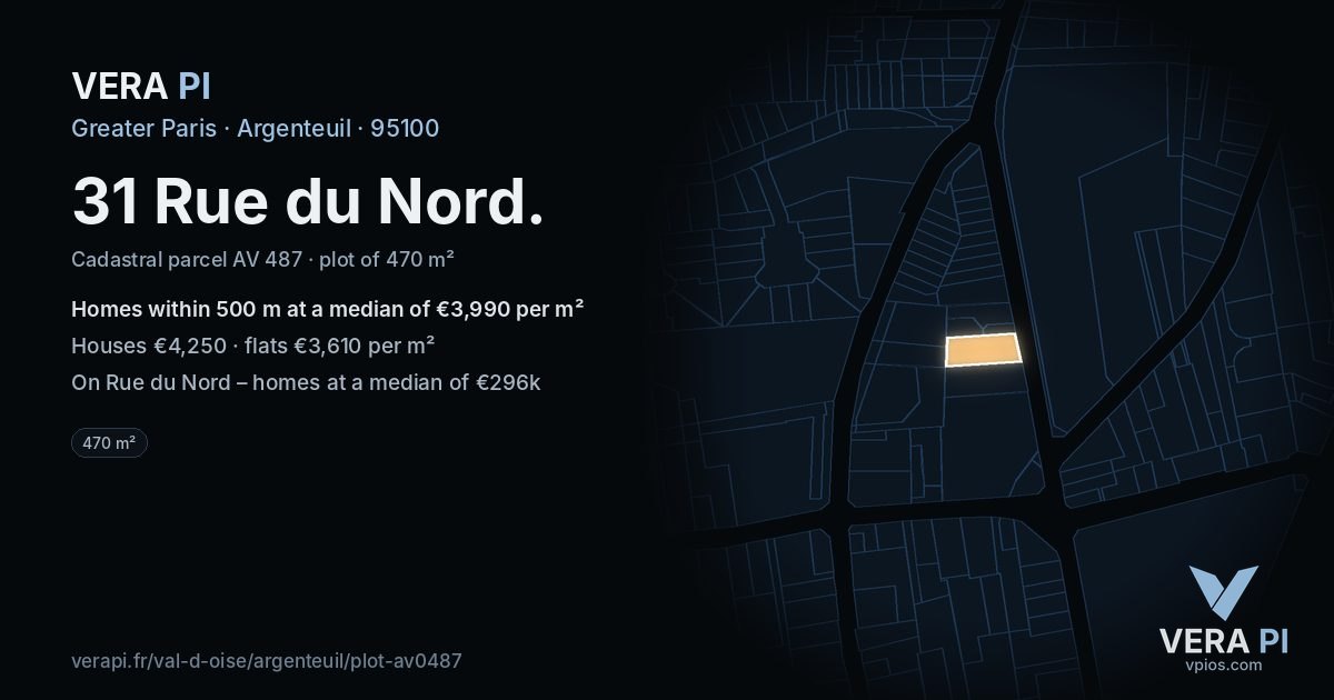 31 Rue du Nord, Argenteuil at night – the plot lit, the parcels around coloured by the prices near them