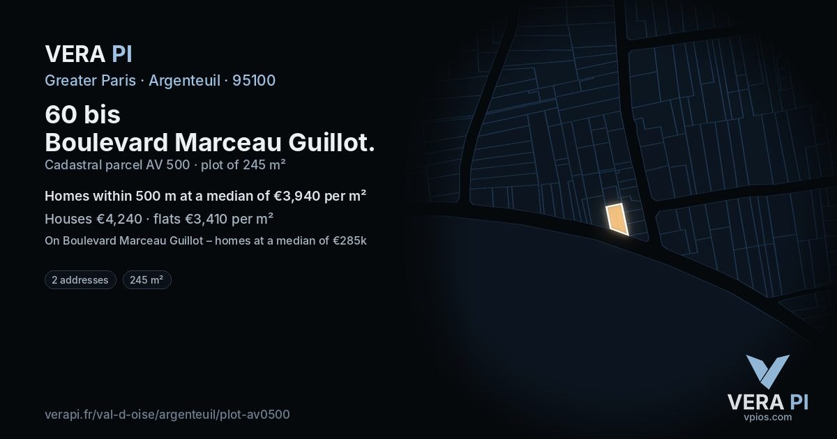 60 bis Boulevard Marceau Guillot, Argenteuil at night – the plot lit, the parcels around coloured by the prices near them