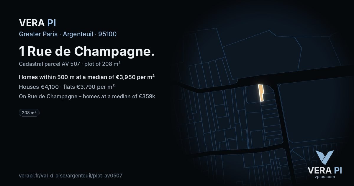 1 Rue de Champagne, Argenteuil at night – the plot lit, the parcels around coloured by the prices near them