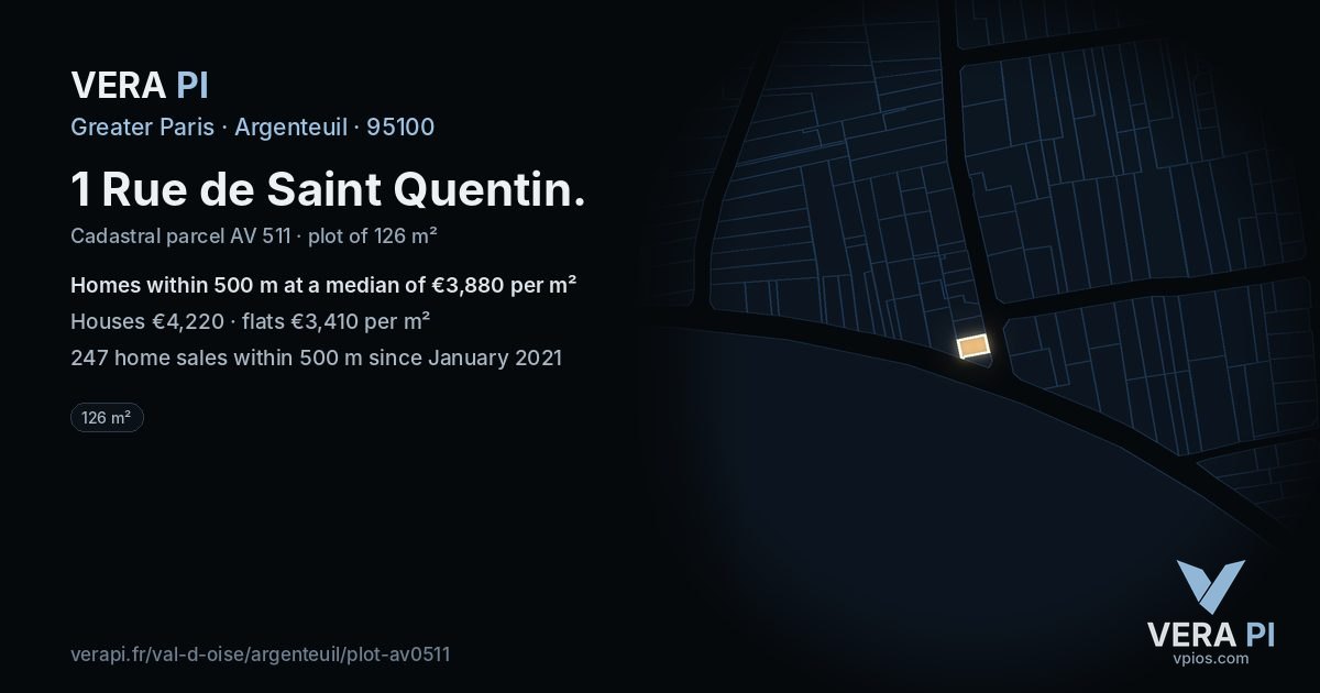 1 Rue de Saint Quentin, Argenteuil at night – the plot lit, the parcels around coloured by the prices near them