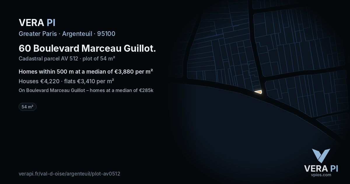 60 Boulevard Marceau Guillot, Argenteuil at night – the plot lit, the parcels around coloured by the prices near them