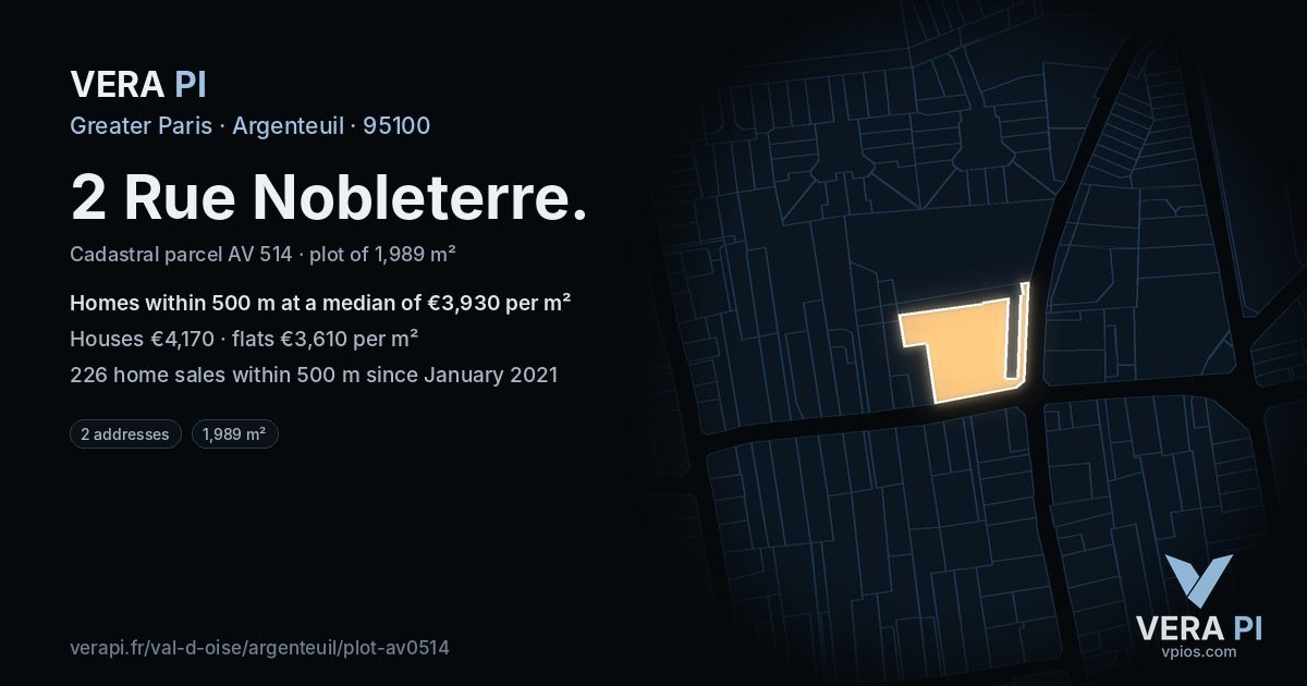 2 Rue Nobleterre, Argenteuil at night – the plot lit, the parcels around coloured by the prices near them