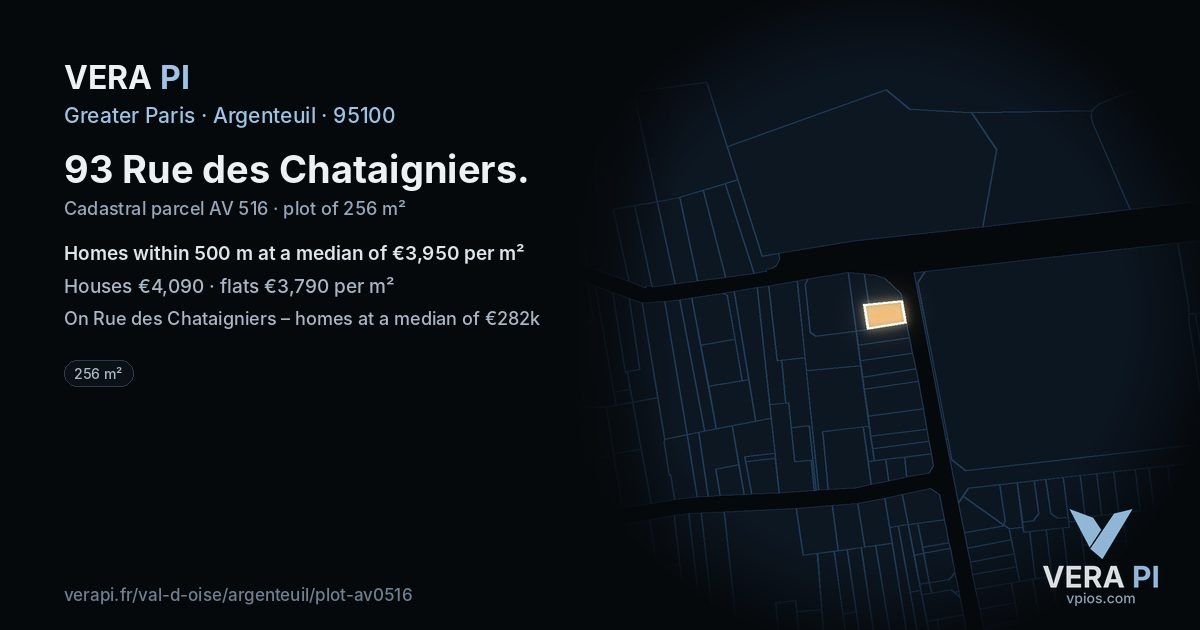 93 Rue des Chataigniers, Argenteuil at night – the plot lit, the parcels around coloured by the prices near them