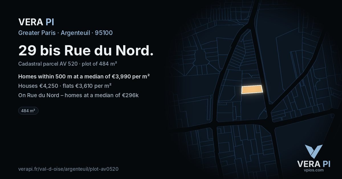 29 bis Rue du Nord, Argenteuil at night – the plot lit, the parcels around coloured by the prices near them