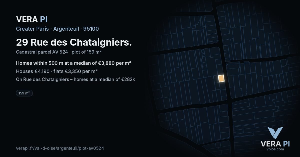 29 Rue des Chataigniers, Argenteuil at night – the plot lit, the parcels around coloured by the prices near them