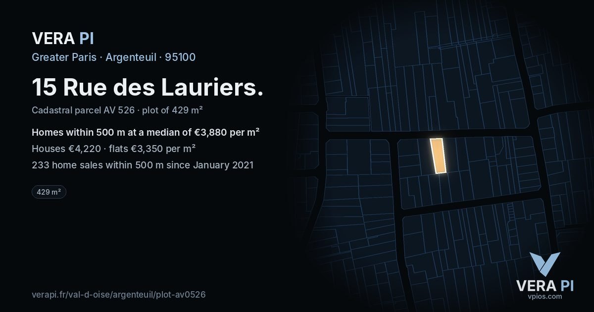 15 Rue des Lauriers, Argenteuil at night – the plot lit, the parcels around coloured by the prices near them