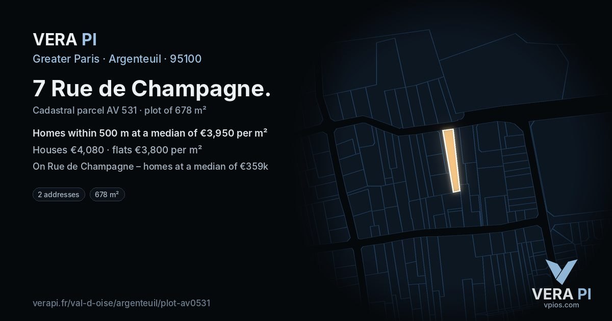 7 Rue de Champagne, Argenteuil at night – the plot lit, the parcels around coloured by the prices near them