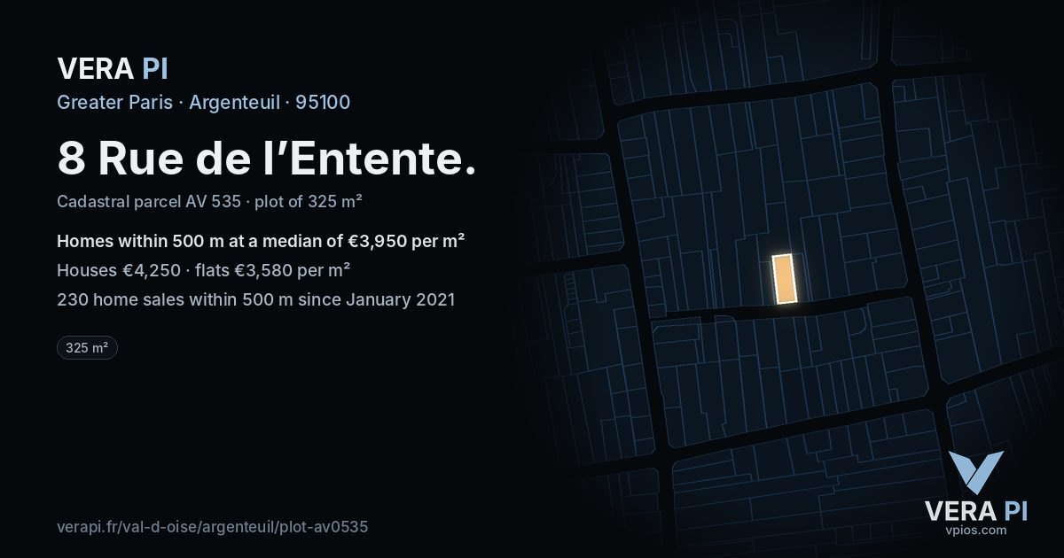8 Rue de l’Entente, Argenteuil at night – the plot lit, the parcels around coloured by the prices near them