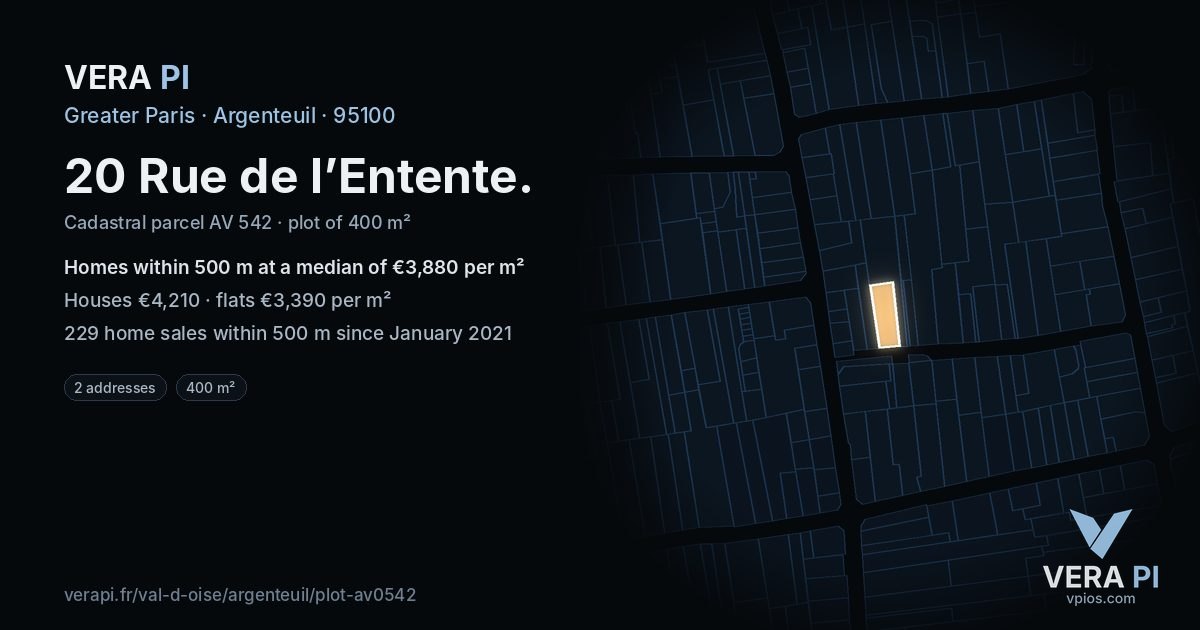 20 Rue de l’Entente, Argenteuil at night – the plot lit, the parcels around coloured by the prices near them