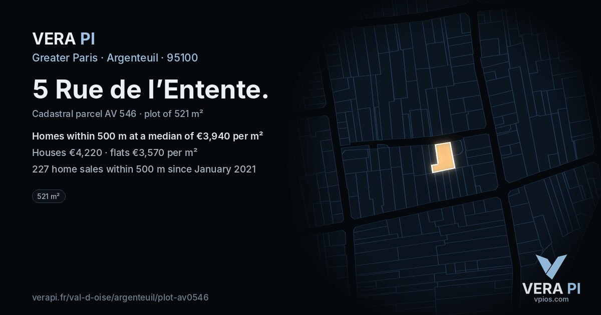 5 Rue de l’Entente, Argenteuil at night – the plot lit, the parcels around coloured by the prices near them