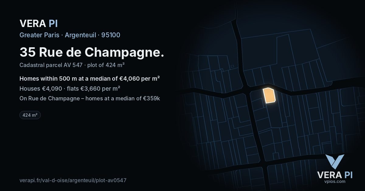 35 Rue de Champagne, Argenteuil at night – the plot lit, the parcels around coloured by the prices near them