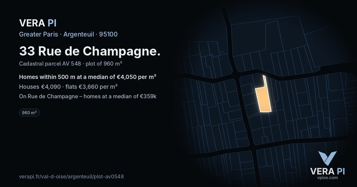33 Rue de Champagne, Argenteuil at night – the plot lit, the parcels around coloured by the prices near them