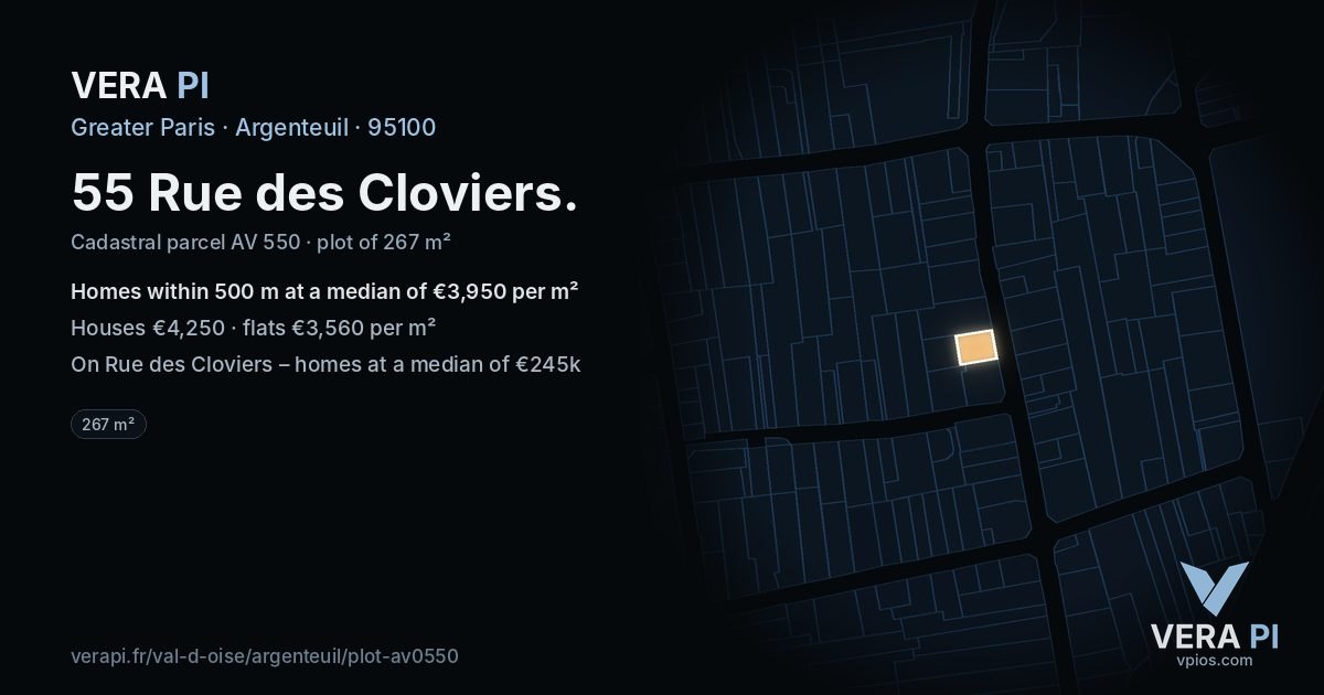 55 Rue des Cloviers, Argenteuil at night – the plot lit, the parcels around coloured by the prices near them