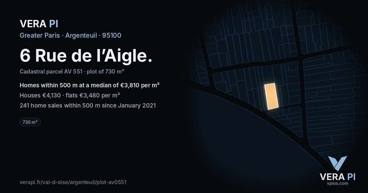 6 Rue de l’Aigle, Argenteuil at night – the plot lit, the parcels around coloured by the prices near them