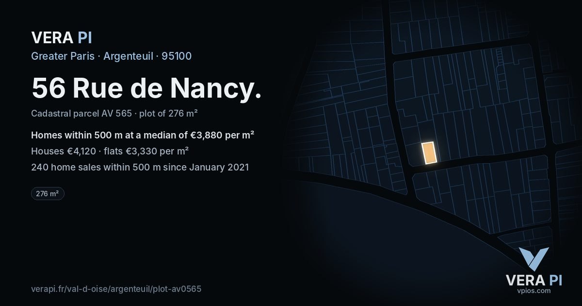 56 Rue de Nancy, Argenteuil at night – the plot lit, the parcels around coloured by the prices near them