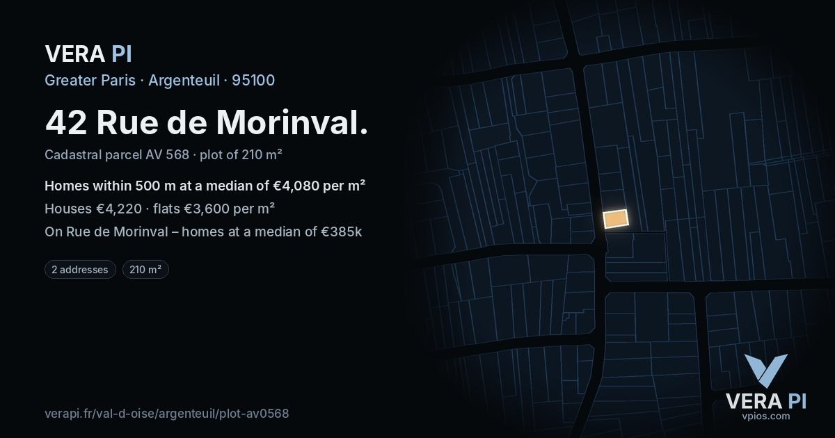 42 Rue de Morinval, Argenteuil at night – the plot lit, the parcels around coloured by the prices near them