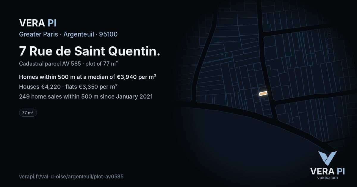 7 Rue de Saint Quentin, Argenteuil at night – the plot lit, the parcels around coloured by the prices near them