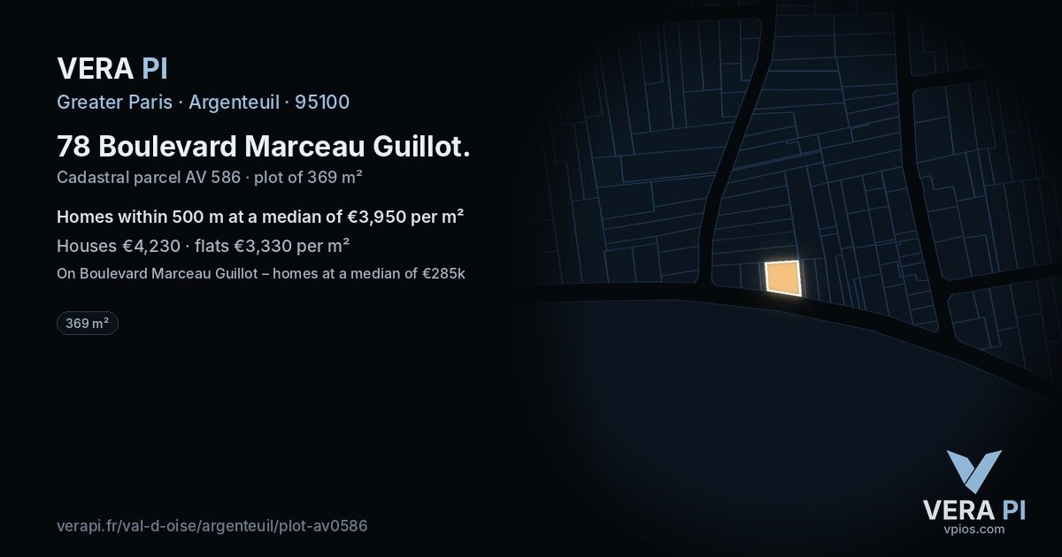 78 Boulevard Marceau Guillot, Argenteuil at night – the plot lit, the parcels around coloured by the prices near them