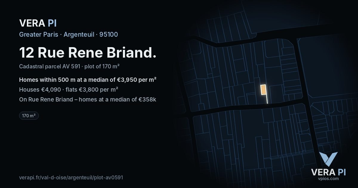 12 Rue Rene Briand, Argenteuil at night – the plot lit, the parcels around coloured by the prices near them