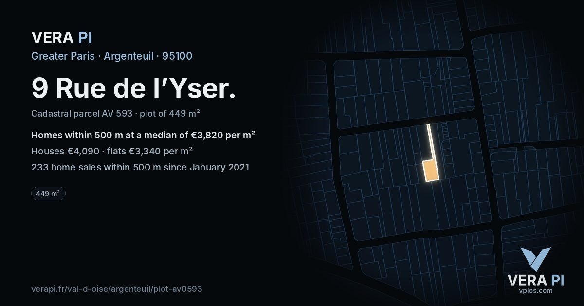 9 Rue de l’Yser, Argenteuil at night – the plot lit, the parcels around coloured by the prices near them