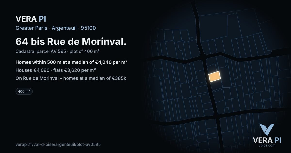 64 bis Rue de Morinval, Argenteuil at night – the plot lit, the parcels around coloured by the prices near them