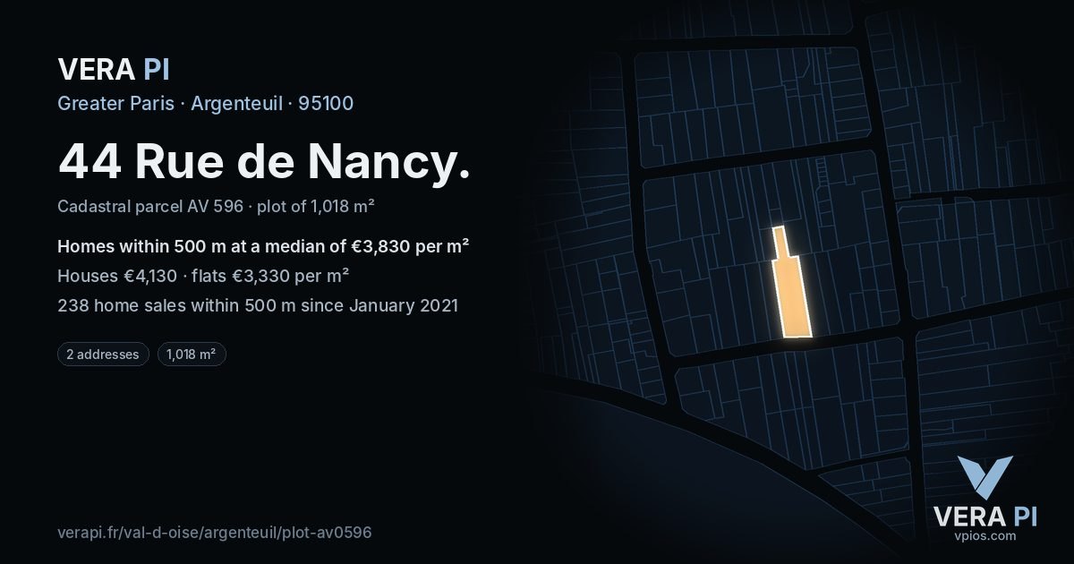 44 Rue de Nancy, Argenteuil at night – the plot lit, the parcels around coloured by the prices near them