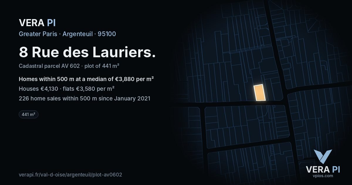 8 Rue des Lauriers, Argenteuil at night – the plot lit, the parcels around coloured by the prices near them