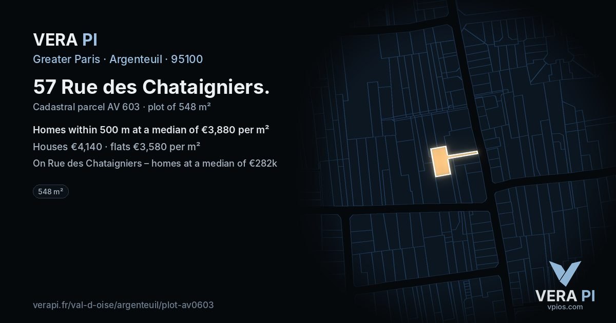 57 Rue des Chataigniers, Argenteuil at night – the plot lit, the parcels around coloured by the prices near them