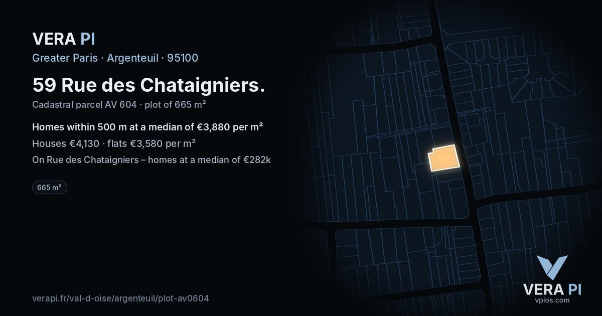 59 Rue des Chataigniers, Argenteuil at night – the plot lit, the parcels around coloured by the prices near them