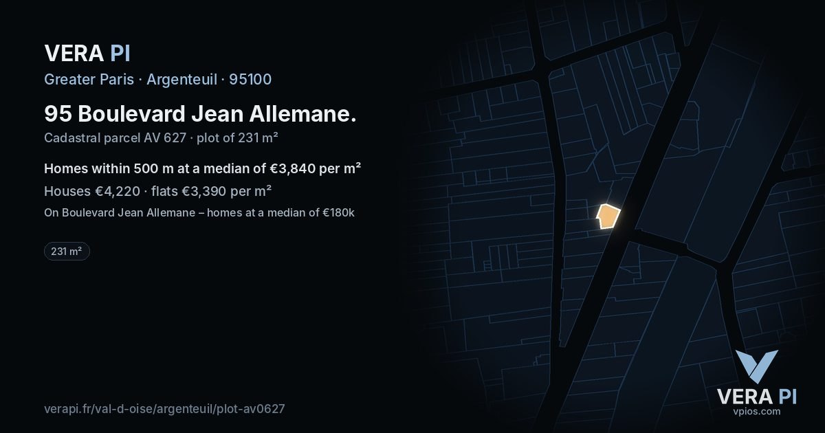 95 Boulevard Jean Allemane, Argenteuil at night – the plot lit, the parcels around coloured by the prices near them