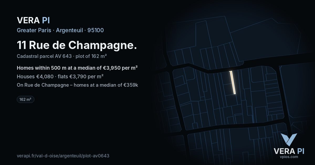11 Rue de Champagne, Argenteuil at night – the plot lit, the parcels around coloured by the prices near them