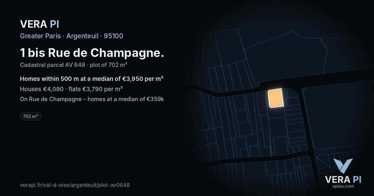 1 bis Rue de Champagne, Argenteuil at night – the plot lit, the parcels around coloured by the prices near them