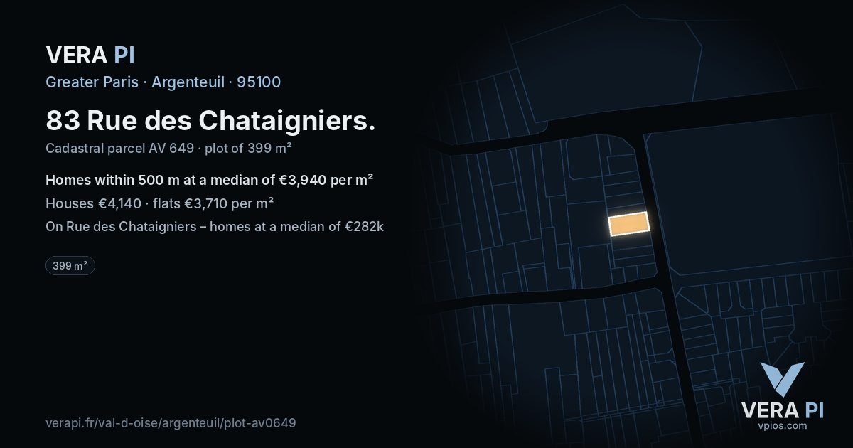 83 Rue des Chataigniers, Argenteuil at night – the plot lit, the parcels around coloured by the prices near them