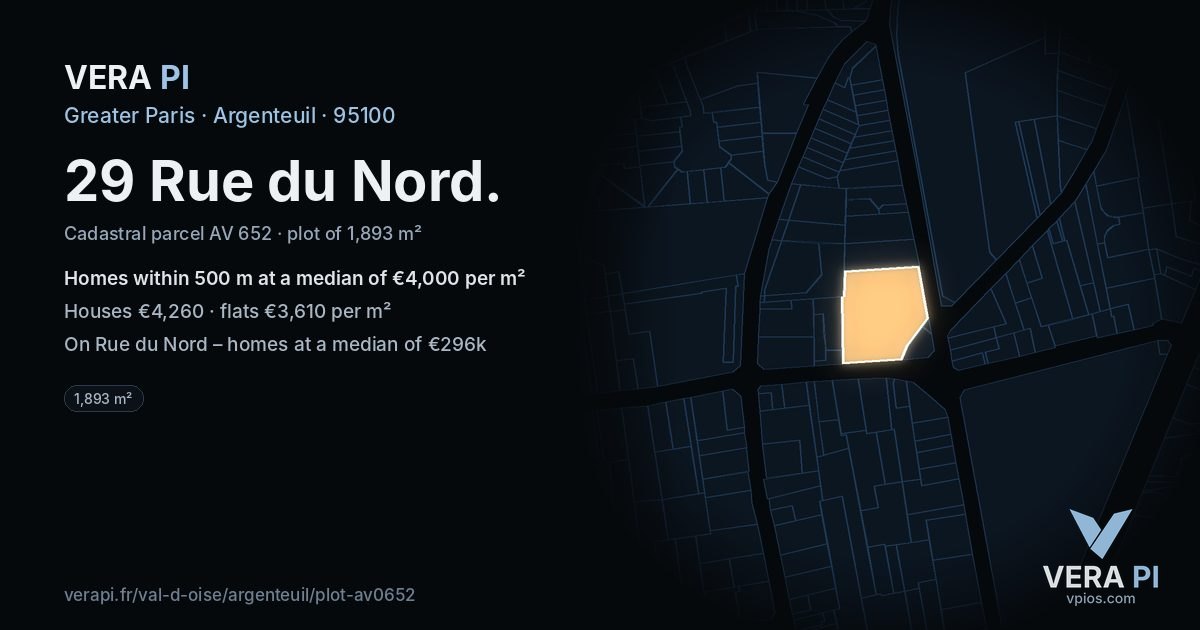 29 Rue du Nord, Argenteuil at night – the plot lit, the parcels around coloured by the prices near them