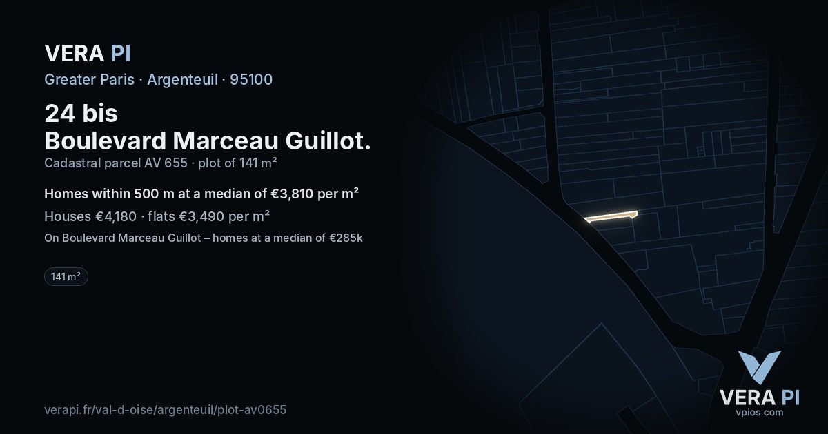 24 bis Boulevard Marceau Guillot, Argenteuil at night – the plot lit, the parcels around coloured by the prices near them