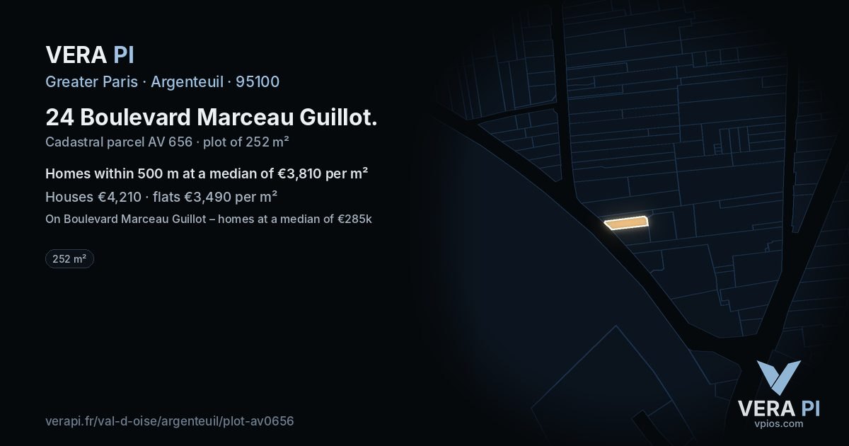 24 Boulevard Marceau Guillot, Argenteuil at night – the plot lit, the parcels around coloured by the prices near them