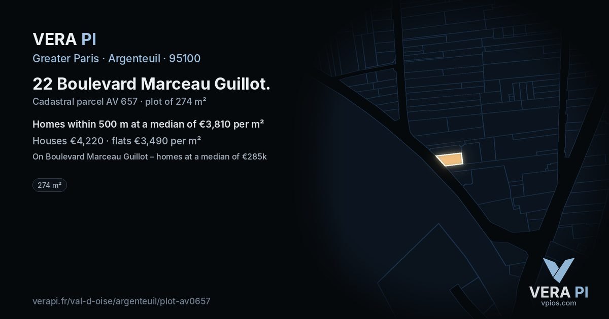 22 Boulevard Marceau Guillot, Argenteuil at night – the plot lit, the parcels around coloured by the prices near them