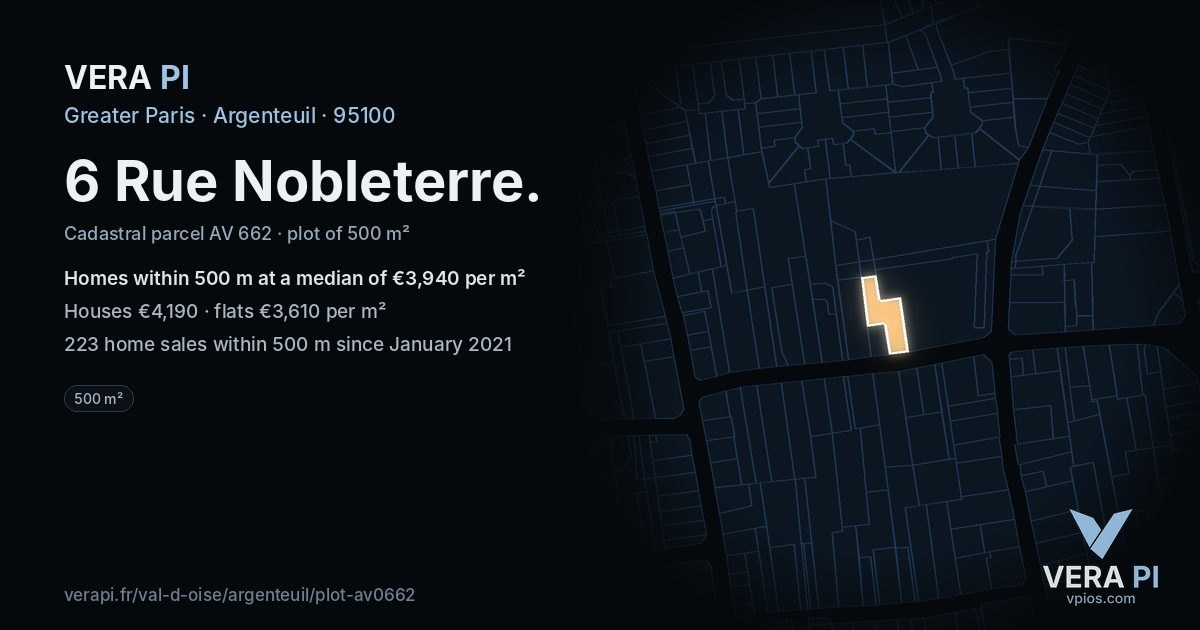 6 Rue Nobleterre, Argenteuil at night – the plot lit, the parcels around coloured by the prices near them