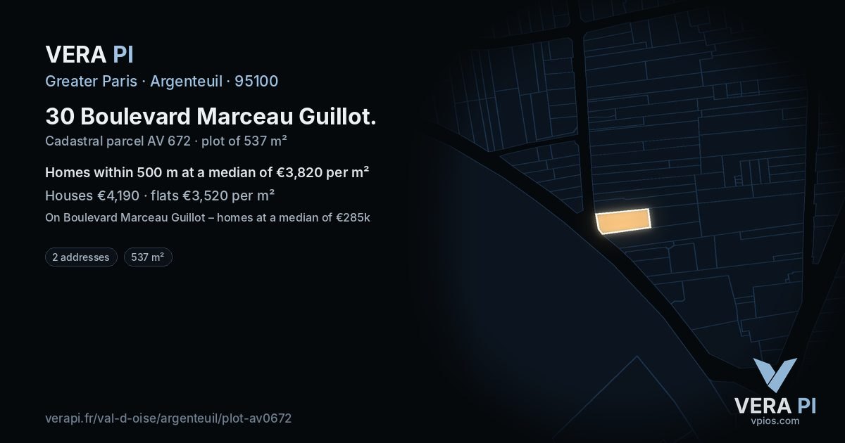 30 Boulevard Marceau Guillot, Argenteuil at night – the plot lit, the parcels around coloured by the prices near them